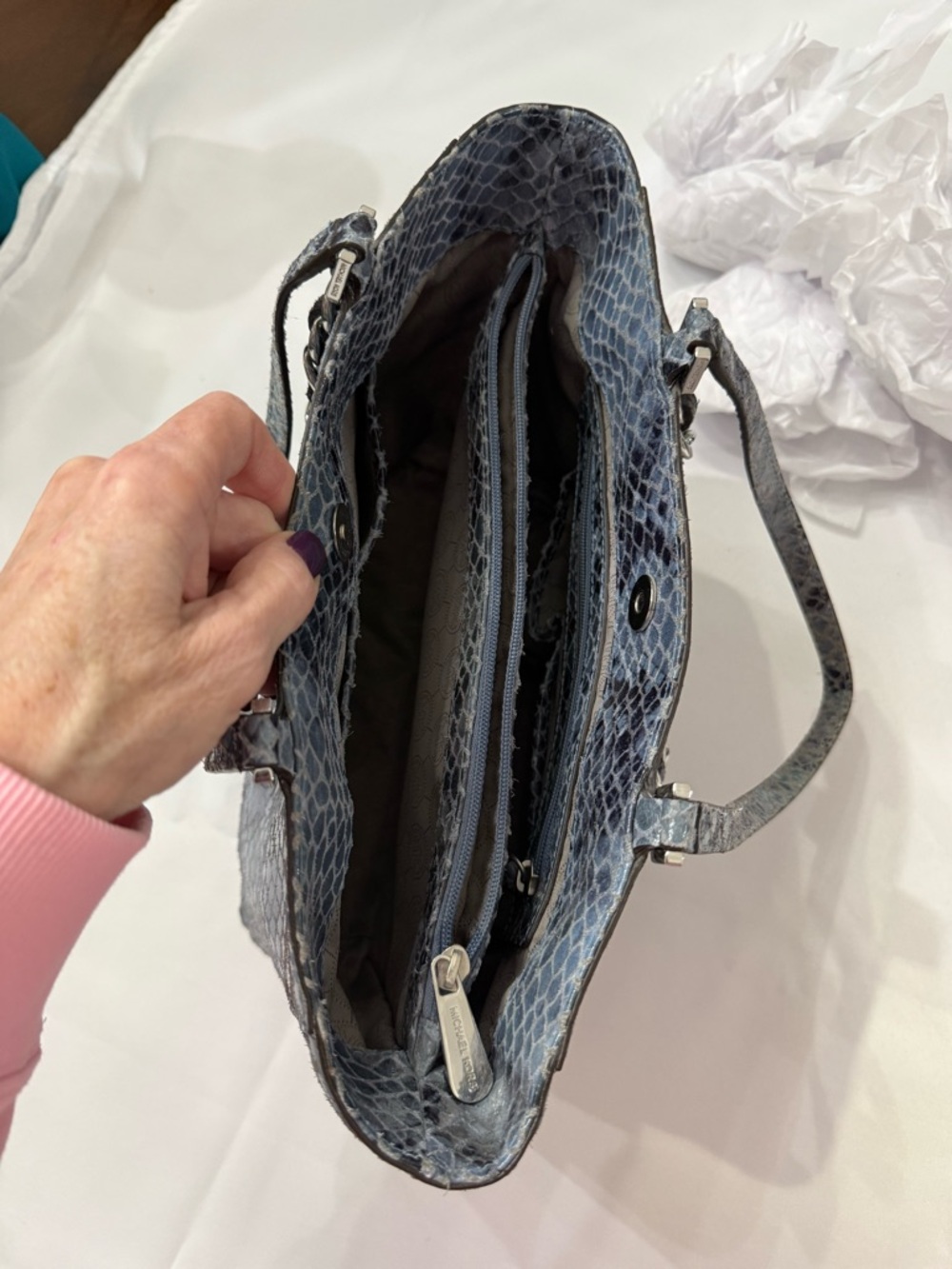 Michael Kors Gray-Blue Snake-Print Tote with Chain Handles - Picture 6 of 6
